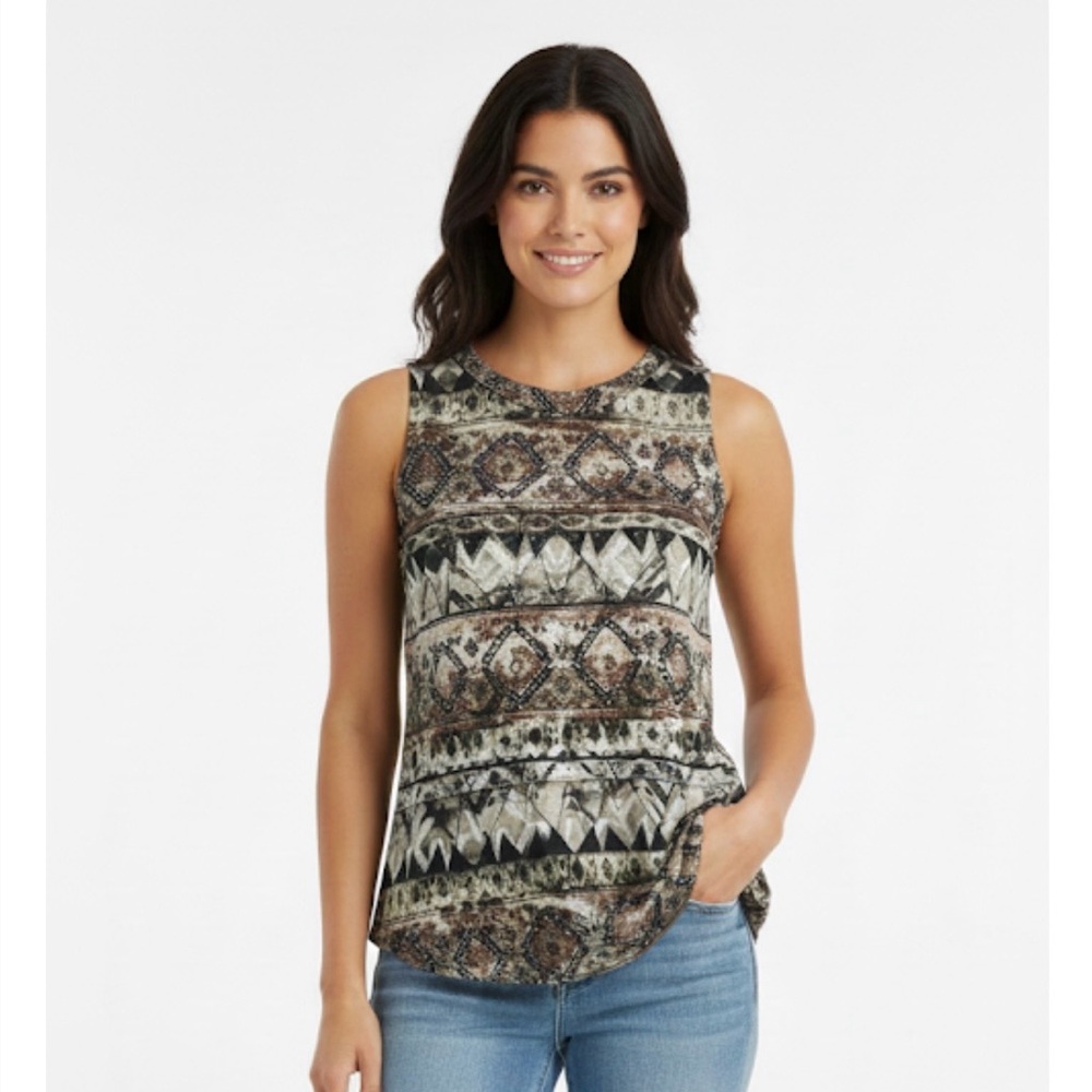 NEW DIRECTIONS Tribal Print Sleeveless Top, Women’s M, Brown Black White